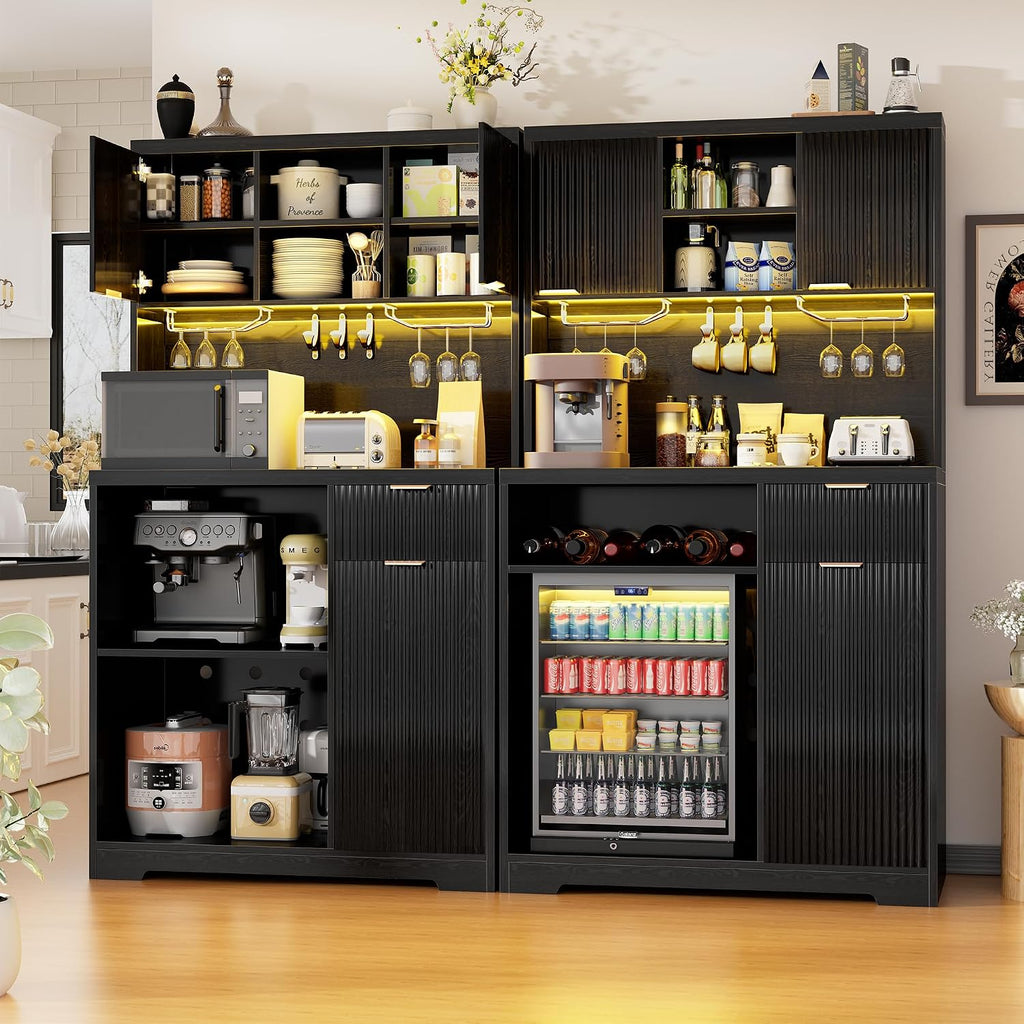 Saudism Coffee Bar Cabinet with Mini Fridge, 72" Tall Wood Mini Fridge Cabinet with Storage, RGB Light, Cup Holder, for Home Kitchen Dining Room, Black