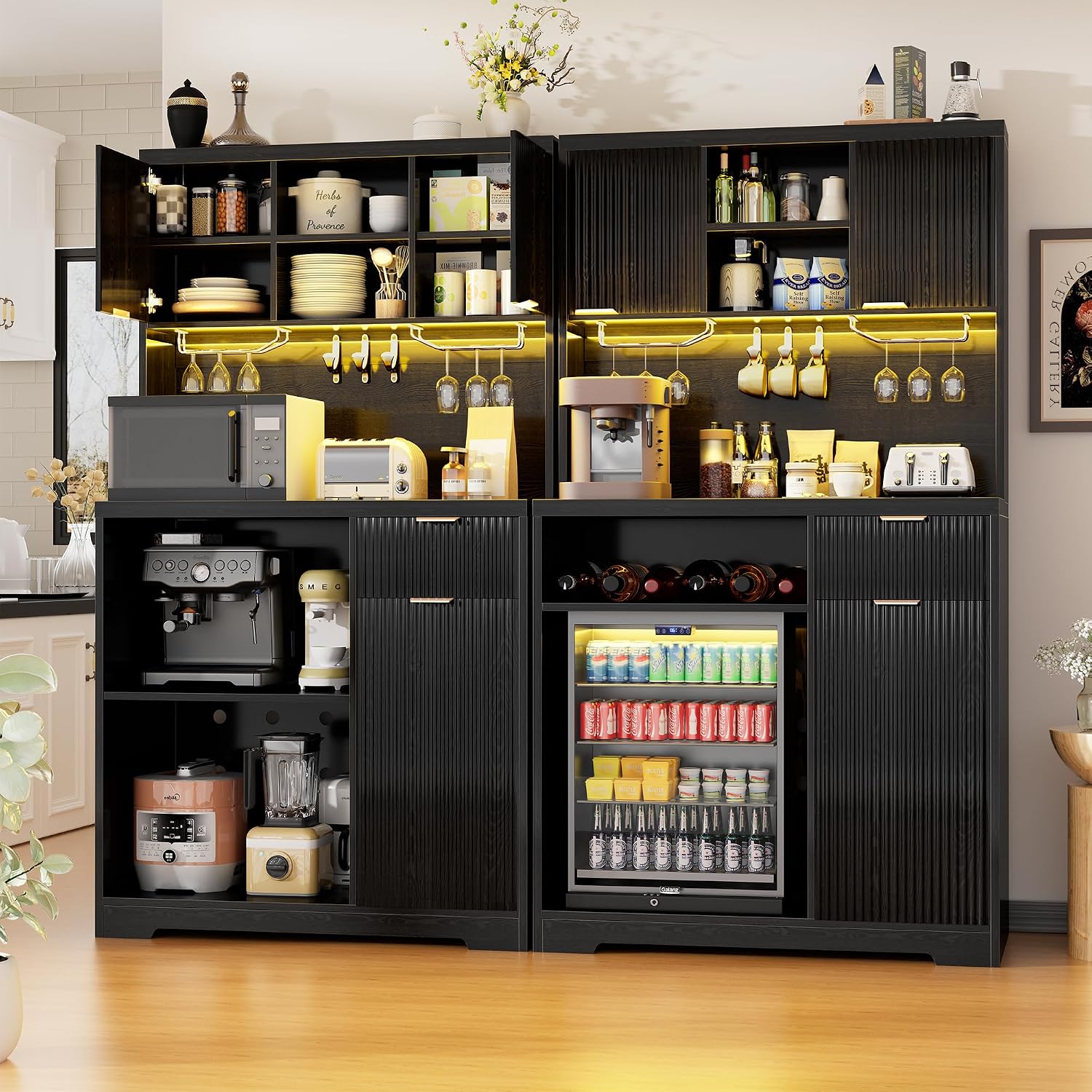 Saudism Coffee Bar Cabinet with Mini Fridge, 72" Tall Wood Mini Fridge Cabinet with Storage, RGB Light, Cup Holder, for Home Kitchen Dining Room, Black