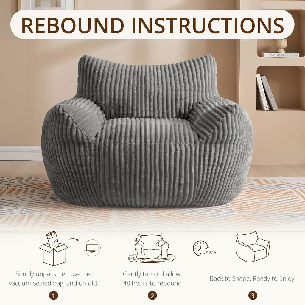 Bean-Bag Chair for Adults Teens - Large Corduroy Bean Bag Chairs with Back Support and Armrests, Adult BeanBag Lazy Sofa with Filler for Living Room, Bedroom, Reading, Grey