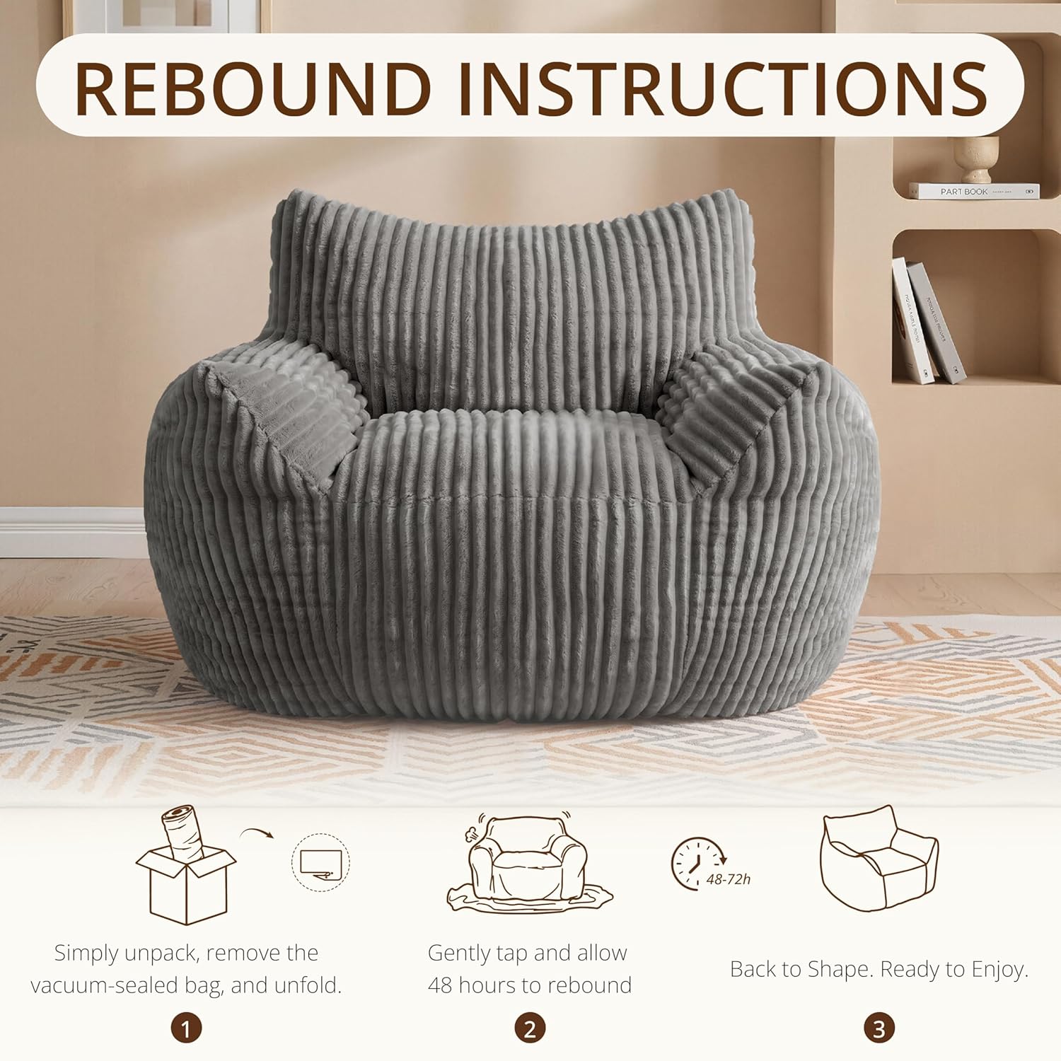 Bean-Bag Chair for Adults Teens - Large Corduroy Bean Bag Chairs with Back Support and Armrests, Adult BeanBag Lazy Sofa with Filler for Living Room, Bedroom, Reading, Grey