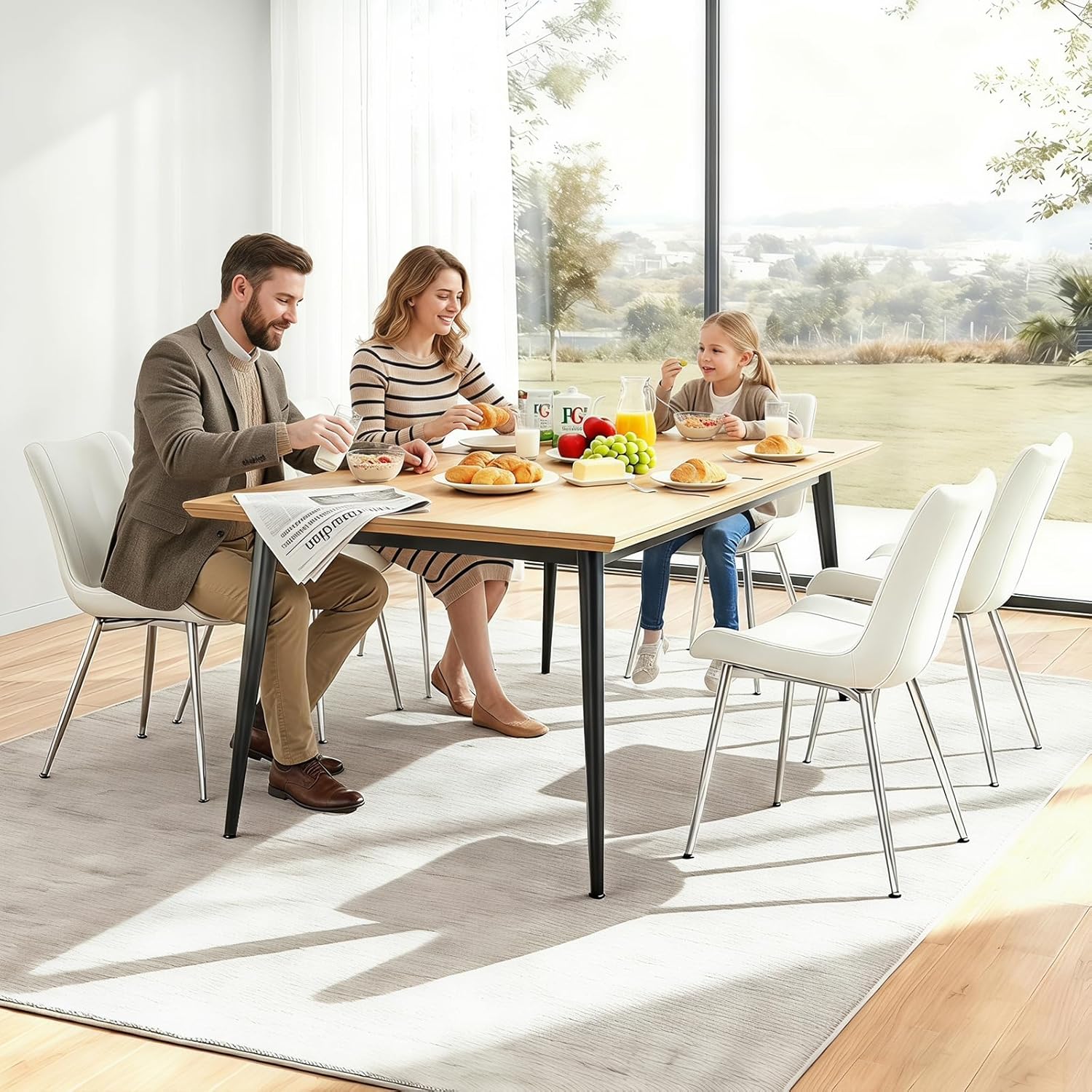 Brage Living Dining Chairs Set of 2, PU Leather Modern Armless Kitchen Dining Room Chairs, Upholstered Accent Side Chairs with Metal Legs (White with Silver Legs)