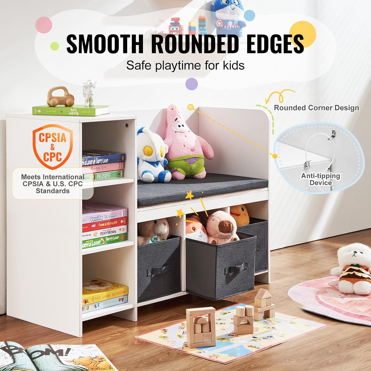 VEVOR Kids Reading Nook Bench, Toddler Bookshelf and Bookcase with Detachable Seat Cushion, 6-Cubby Storage Organizer Bench with 3 Drawers, Ideal for Playroom, Bedroom, Living Room or Entryway, White