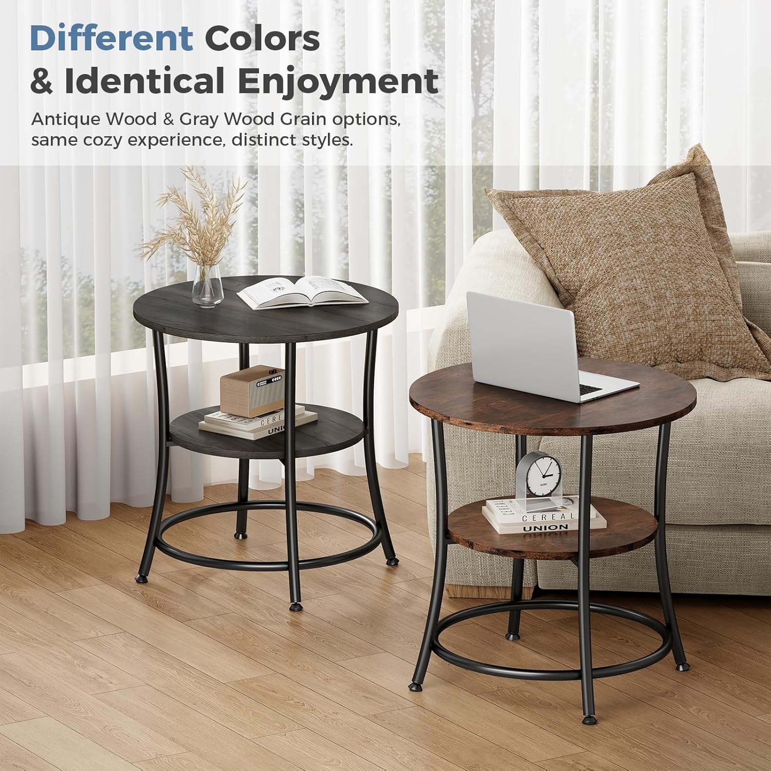 OLIXIS 21.85-Inch Round End Table, 2-Tier Side Round Table for Living Room, Accent Table with Storage Shelf, Sturdy Metal Frame Nightstand for Small Space, Round Bedside, Grey Wood Grain