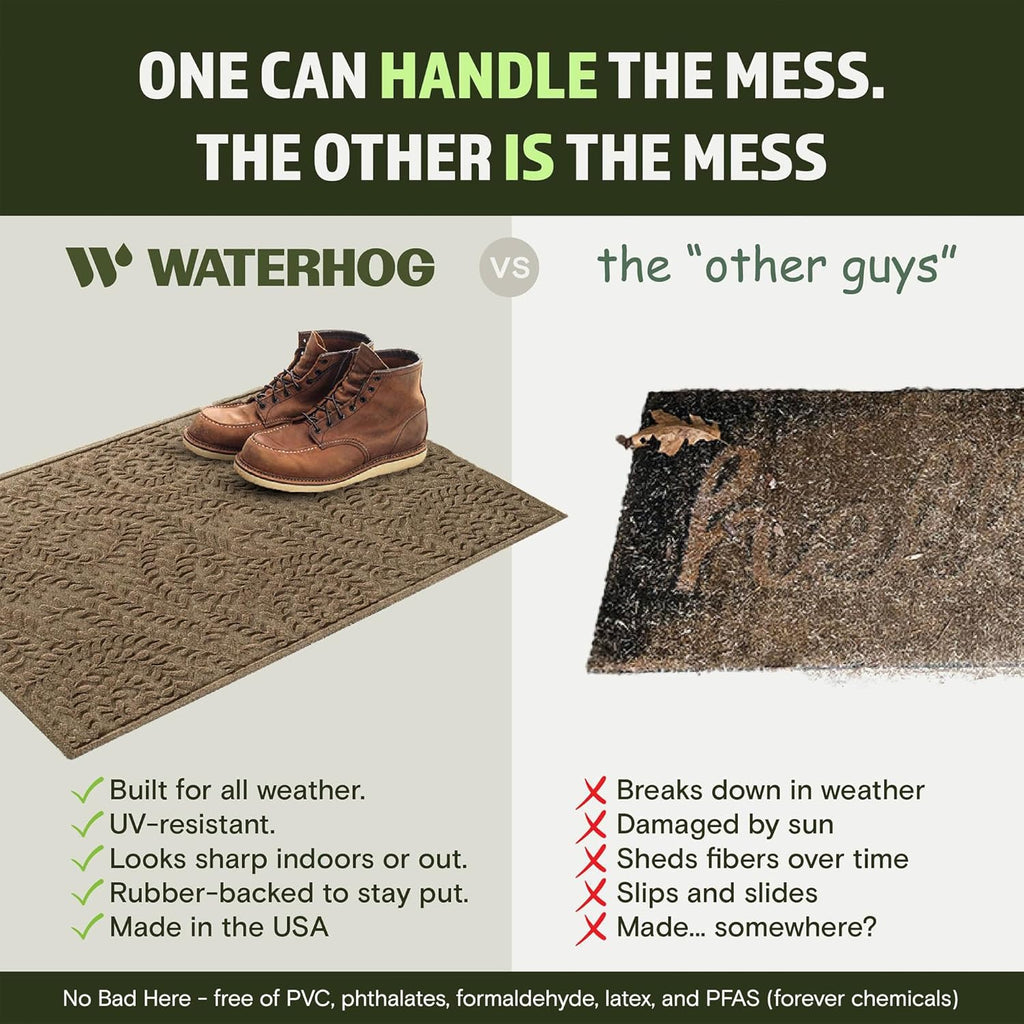 WaterHog Boxwood Front Door Mat Indoor Outdoor Entrance, Absorbent All-Weather Doormat with Non-Slip Rubber Backing, Dirt & Moisture Trapper, Low Profile & Easy Clean, Made in USA, 23"x36" Camel