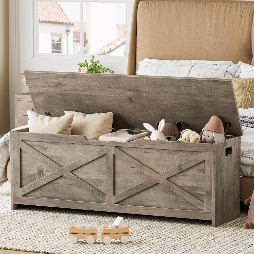 IDEALHOUSE 47.3" Storage Chest, Toy Chest for Kids, Wooden Large Toy Box, Storage Bench with Safety Hinge, Farmhouse Storage Trunk for Entryway, Living Room, Bedroom, Playroom,Washed Grey