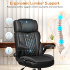 Office Chair Flip Up Arms, Executive Leather Office Chair Ergonomic Desk Chair with Lumbar Support, Adjustable Headrest, Computer Chair Home Office Desk Chair with Rocking Function