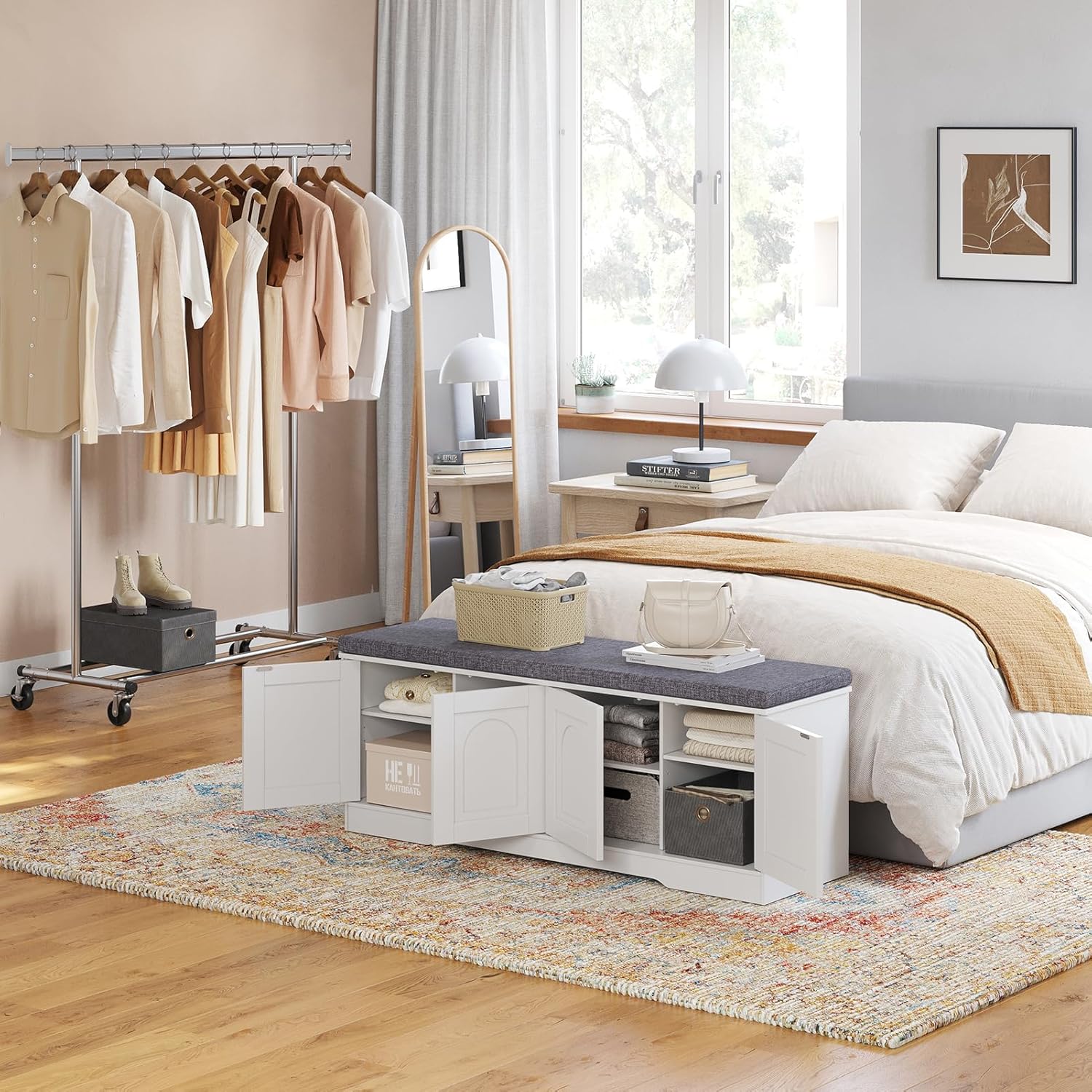DINZI LVJ Shoe Bench, Entryway Storage Bench with Doors, Cushion, 2-Tier Shoe Rack with 8-Cubby, 47.2”L x 13.8”W Shoe Organizer Cabinet, Adjustable Shelf, Living Room, Bedroom, White