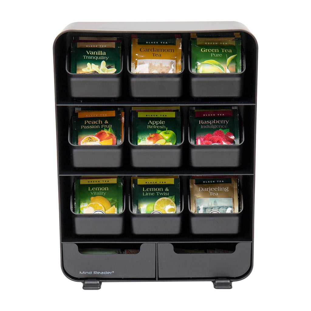 Mind Reader Tea Bag Organizer, Tea Station Organizer, Countertop Storage, Kitchen, Plastic, 10.25"L x 3.25"W x 13.75"H, Black