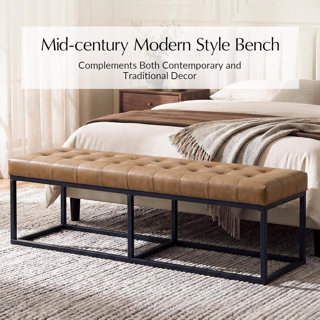60.5" Faux Leather Bench with Button Tufted Seat, Mid-Century Modern Upholstered End of Bed Bedroom Benches, Oversized Entryway & Dining Room Ottoman with Metal Base, Camel