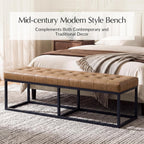 60.5" Faux Leather Bench with Button Tufted Seat, Mid-Century Modern Upholstered End of Bed Bedroom Benches, Oversized Entryway & Dining Room Ottoman with Metal Base, Camel