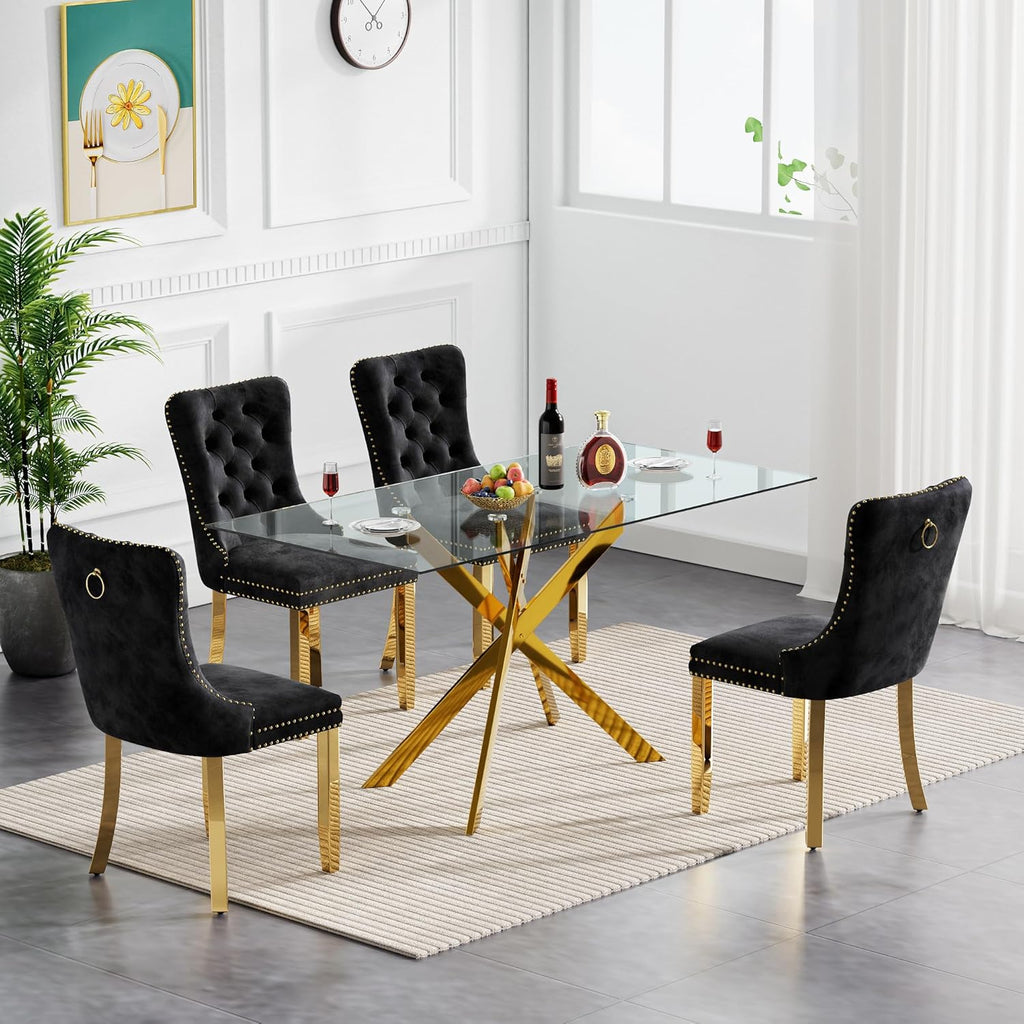 Gold Glass Dining Table for 4 Modern 51.2" Rectangular Kitchen Dining Room Table for 4 with X-Shape Metal Base Large Clear Glass Top Dining Tables for Home Kitchen