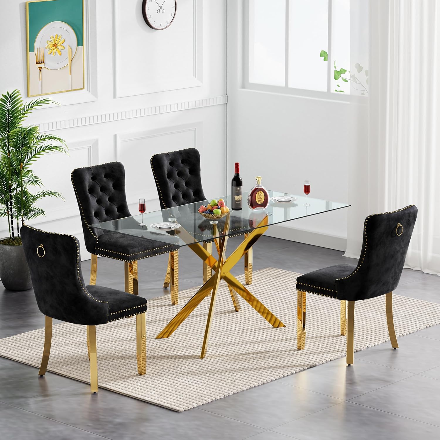 Gold Glass Dining Table for 4 Modern 51.2" Rectangular Kitchen Dining Room Table for 4 with X-Shape Metal Base Large Clear Glass Top Dining Tables for Home Kitchen