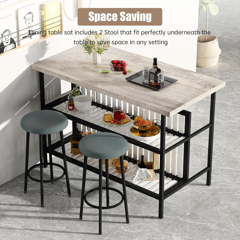 Lamerge 3 Piece Bar Table and Chairs Set, Industrial Bar Table Set with Storage Shelves,Marble Counter Height Island with 2 Bar Stools,Modern Pub Island for Kitchen,Grey