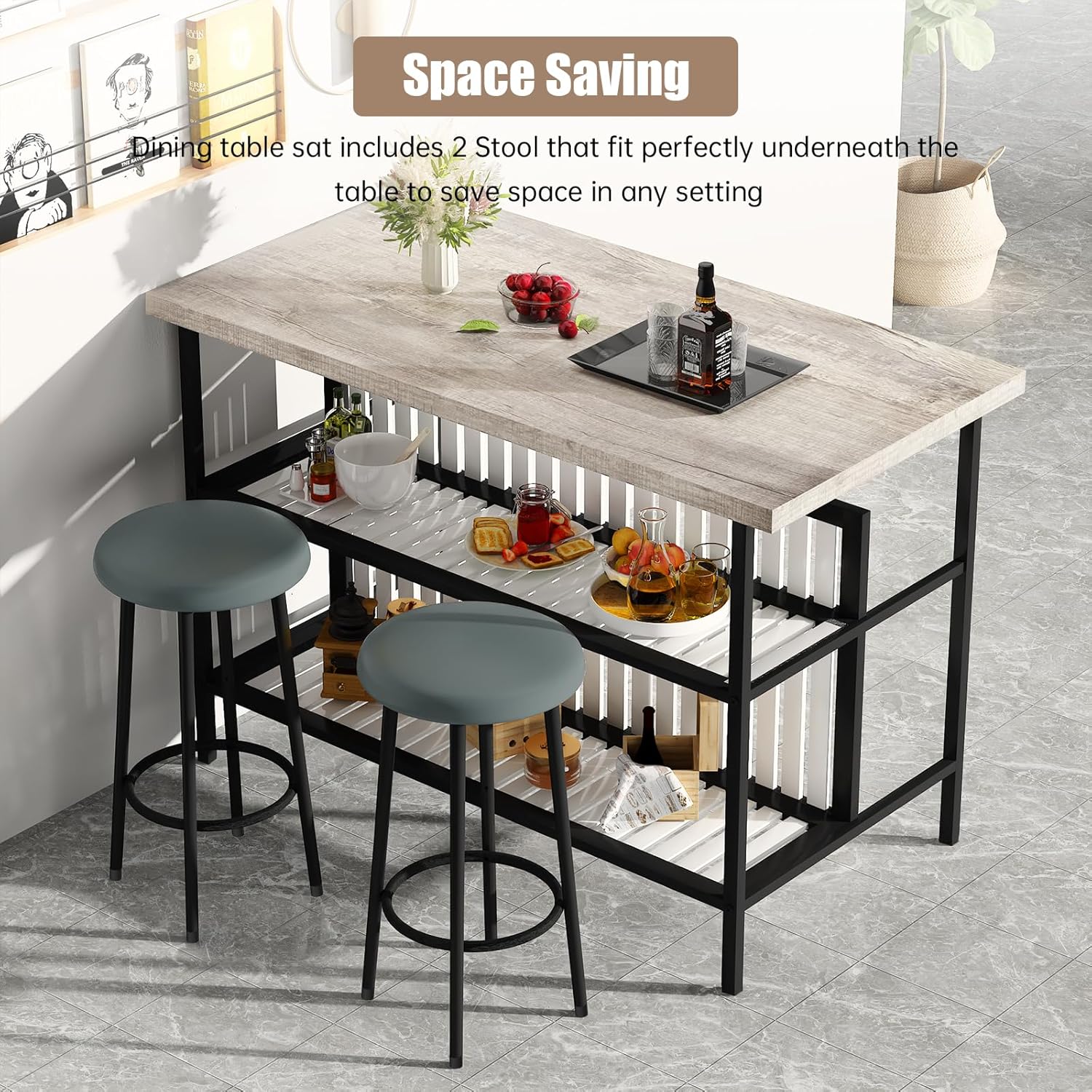 Lamerge 3 Piece Bar Table and Chairs Set, Industrial Bar Table Set with Storage Shelves,Marble Counter Height Island with 2 Bar Stools,Modern Pub Island for Kitchen,Grey