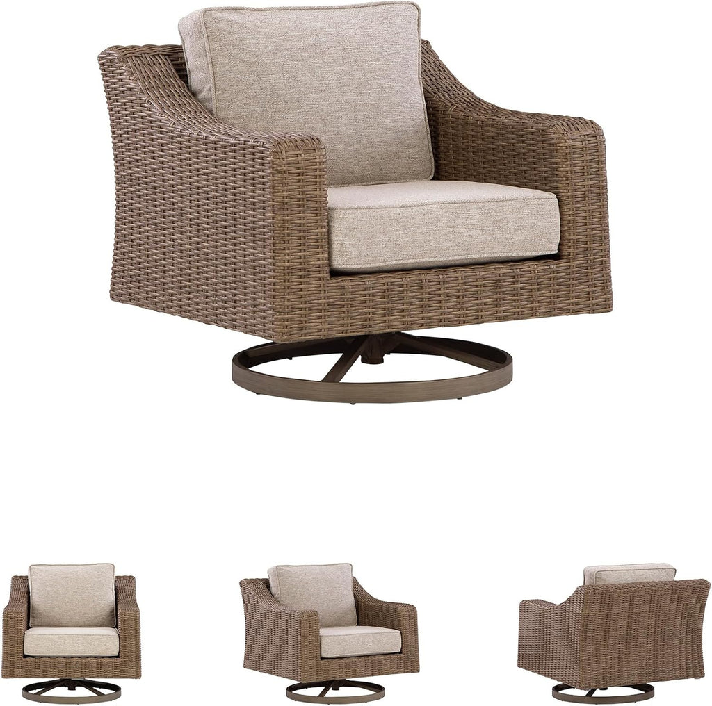Signature Design by Ashley Carmel Bay Casual Weather and UV Resistant Outdoor Swivel Lounge with Cushion, Light Brown & Beige