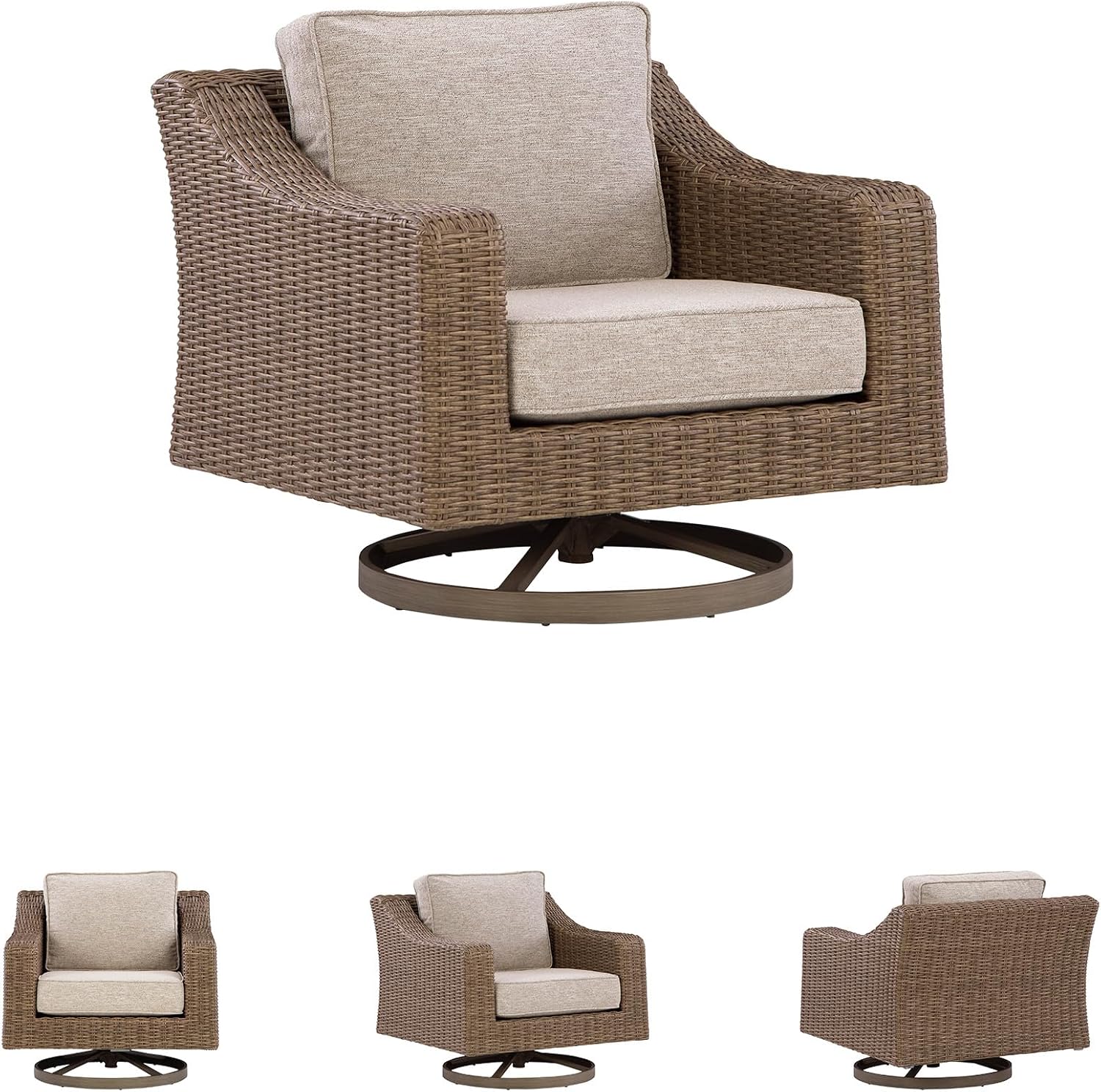 Signature Design by Ashley Carmel Bay Casual Weather and UV Resistant Outdoor Swivel Lounge with Cushion, Light Brown & Beige