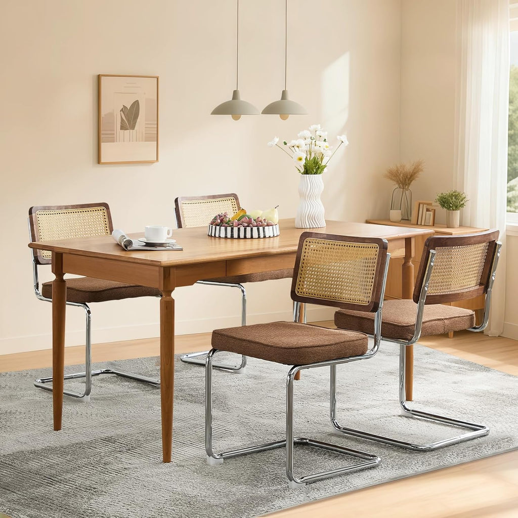 Rattan Back Linen Dining Chair Set of 2 Modern Stainless Chrome Base Armless Upholstered Side Chair for Dining Room, Kitchen Island,Coffee