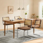 Rattan Back Linen Dining Chair Set of 2 Modern Stainless Chrome Base Armless Upholstered Side Chair for Dining Room, Kitchen Island,Coffee