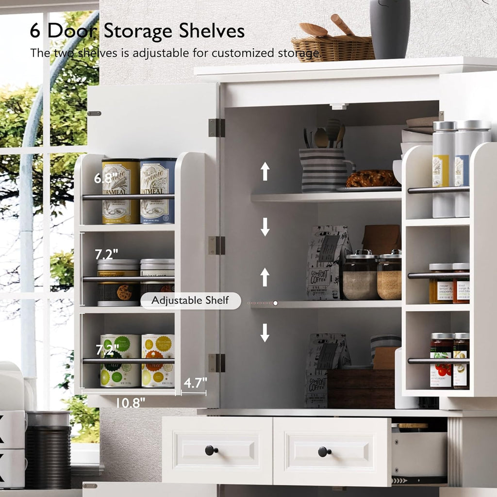 Kitchen Tall Pantry with 3 Pull Out Cabinet Organizers, Farmhouse Freestanding Storage Cabinet with 6 Door Shelves and 2 Drawers for Kitchen, Dining Room (White)