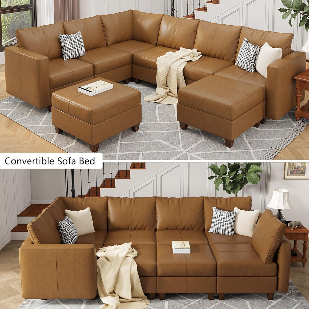 EASE MOOSE Leather Modualr Sectional Couch Sofa with Storage Ottomans,Faux Leather Sectional Sofa Brown U Shaped Modular Couch