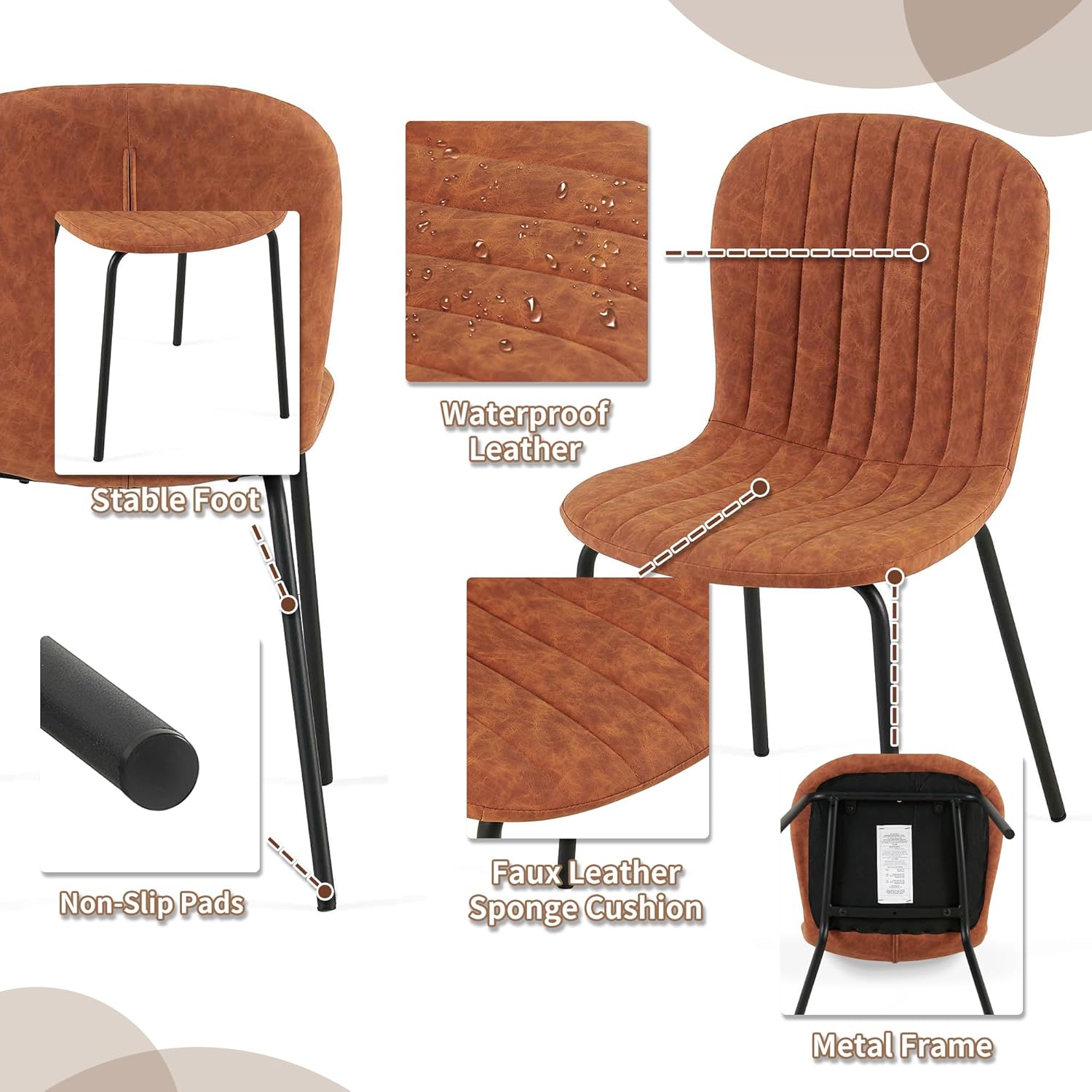 Small Dining Chairs Set of 6, Modern Mid Century Faux Leather Dining Room Chairs with Black Metal Legs, Kitchen Home Living Room Restaurant Apartment, Space-Saving, Brown