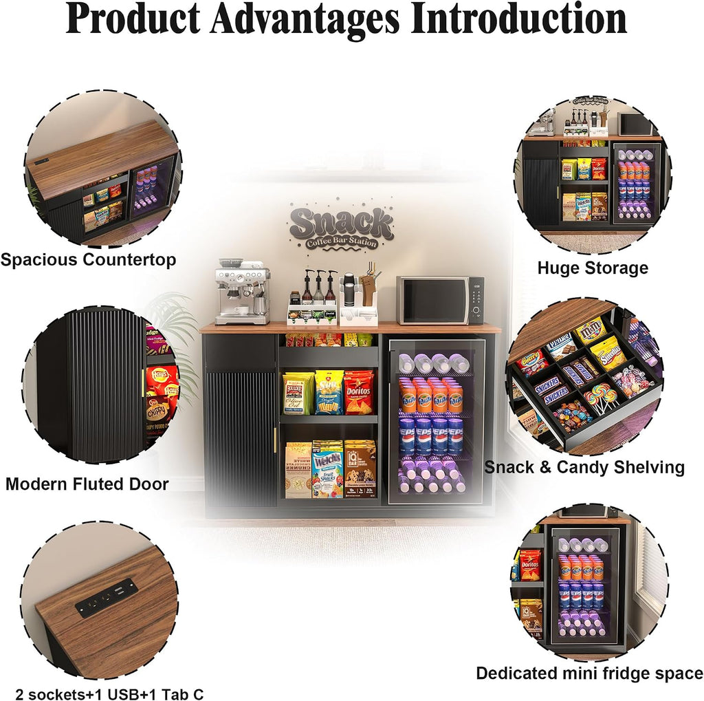 GDLF Snack Bar Cabinet with Fridge Space, Snack Organizer with Storage and Candy Display Shelf, Coffee Station for Home Theater or Game Room, 51.2" L，Black
