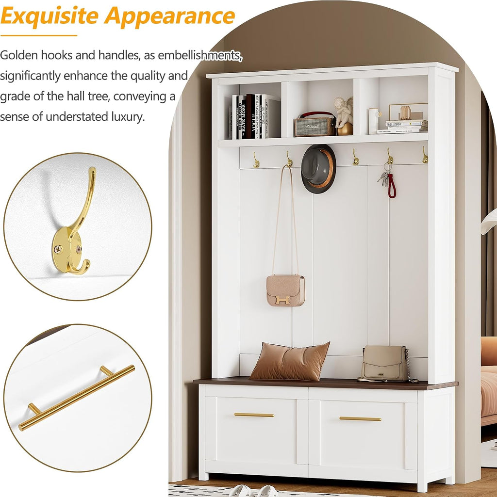 Modern Hall Tree with 6 Golden Hooks, Wood Entryway Coat Hanger with Brown Wood Grain Storage Bench and Top Open Storage Shelves, Versatile 4-in-1 Entryway Coat Rack for Entrance Hallway (White-9.8)