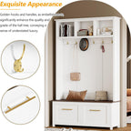 Modern Hall Tree with 6 Golden Hooks, Wood Entryway Coat Hanger with Brown Wood Grain Storage Bench and Top Open Storage Shelves, Versatile 4-in-1 Entryway Coat Rack for Entrance Hallway (White-9.8)