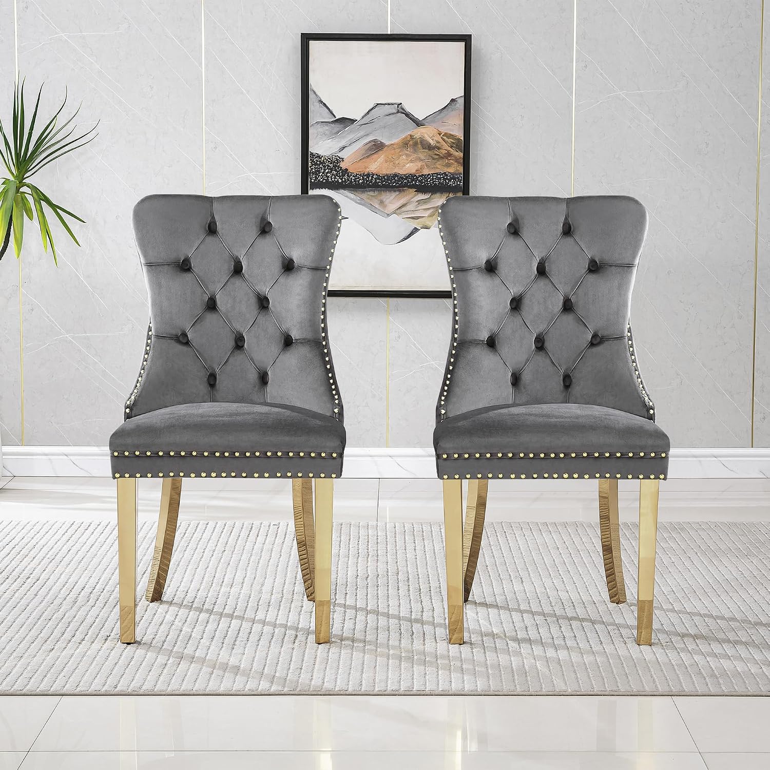 Grey Velvet Dining Chairs Set of 4, Mid Century Modern Kitchen & Dining Room Chairs, Fabric Tufted Dinning Chairs, Velvet Upholstered, Wing Back, Pull Ring, Stainless Steel Legs, Gold