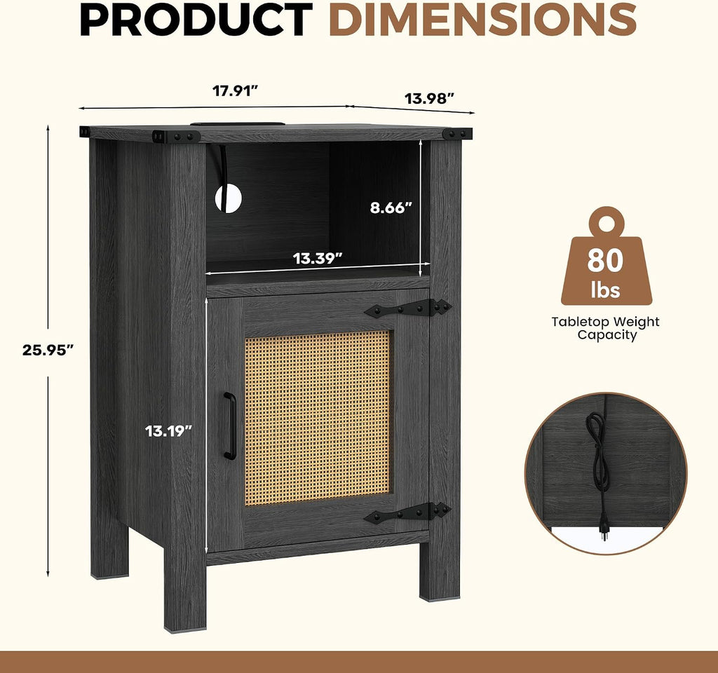 Miereirl Rattan Nightstand Set of 2 with Cabinet, Boho Farmhouse, Dark Gray | Hand-Woven Rattan Door, Open Shelf & Cord Hole, Magnetic Close, Quiet Hinge, Bedroom End Table, Easy Assembly