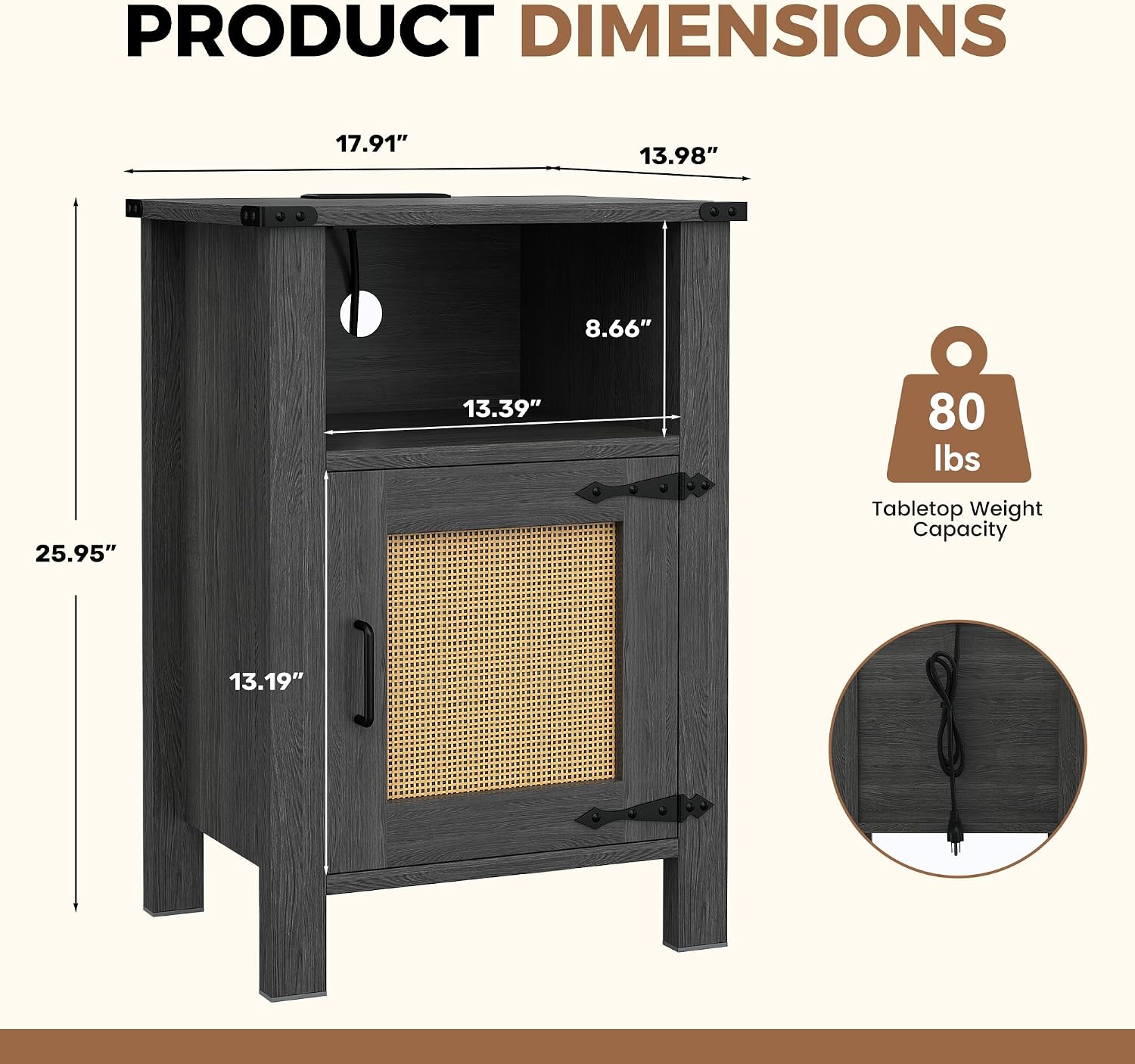 Miereirl Rattan Nightstand Set of 2 with Cabinet, Boho Farmhouse, Dark Gray | Hand-Woven Rattan Door, Open Shelf & Cord Hole, Magnetic Close, Quiet Hinge, Bedroom End Table, Easy Assembly