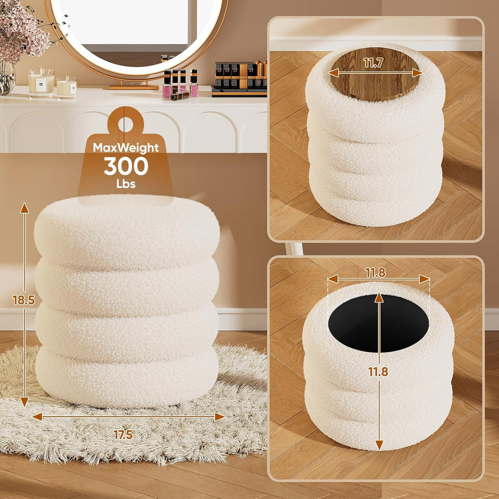 Soft Teddy Round Ottoman with Tray, 17.5 Inches Ottoman Coffee Table with Storage for Living Room, Vanity Stool with Storage Bedroom, Load up to 300 lb, No Assembly Required (White)