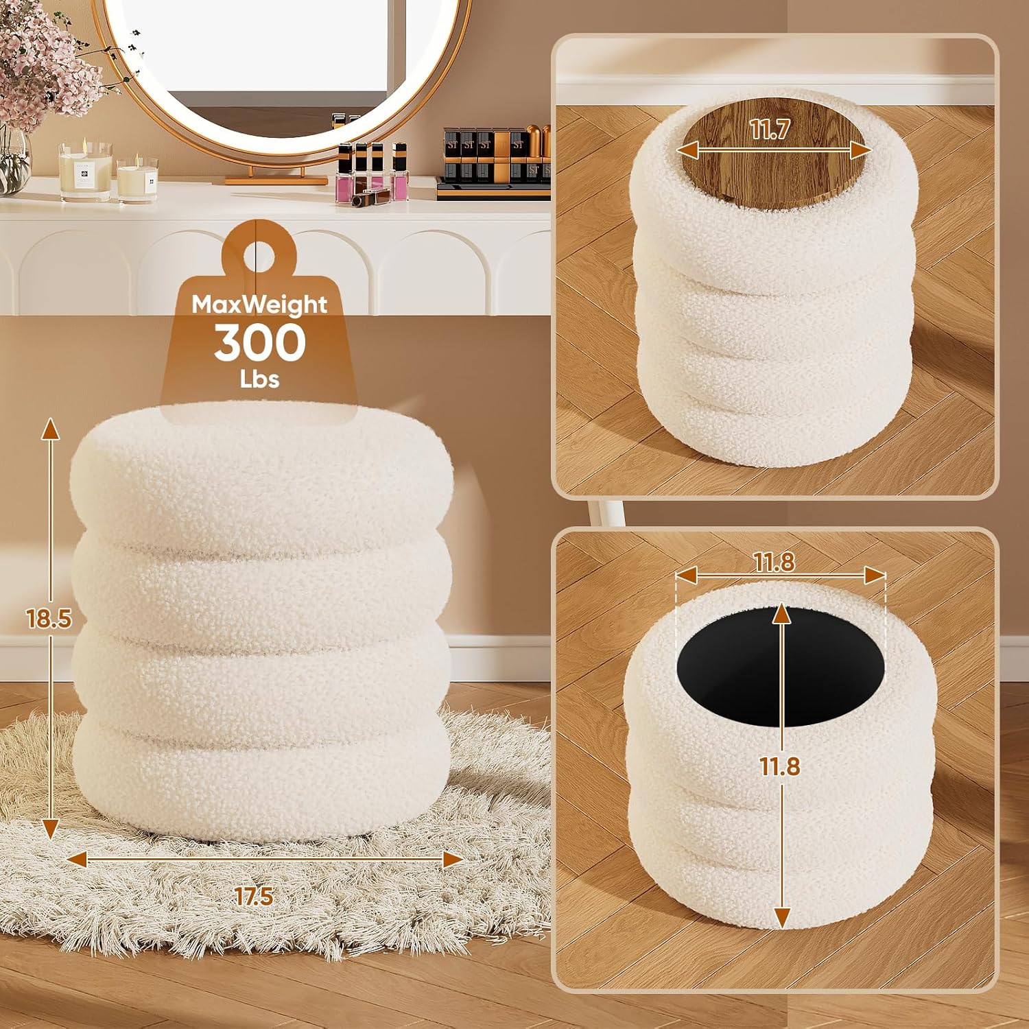 Soft Teddy Round Ottoman with Tray, 17.5 Inches Ottoman Coffee Table with Storage for Living Room, Vanity Stool with Storage Bedroom, Load up to 300 lb, No Assembly Required (White)