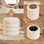 Soft Teddy Round Ottoman with Tray, 17.5 Inches Ottoman Coffee Table with Storage for Living Room, Vanity Stool with Storage Bedroom, Load up to 300 lb, No Assembly Required (White)