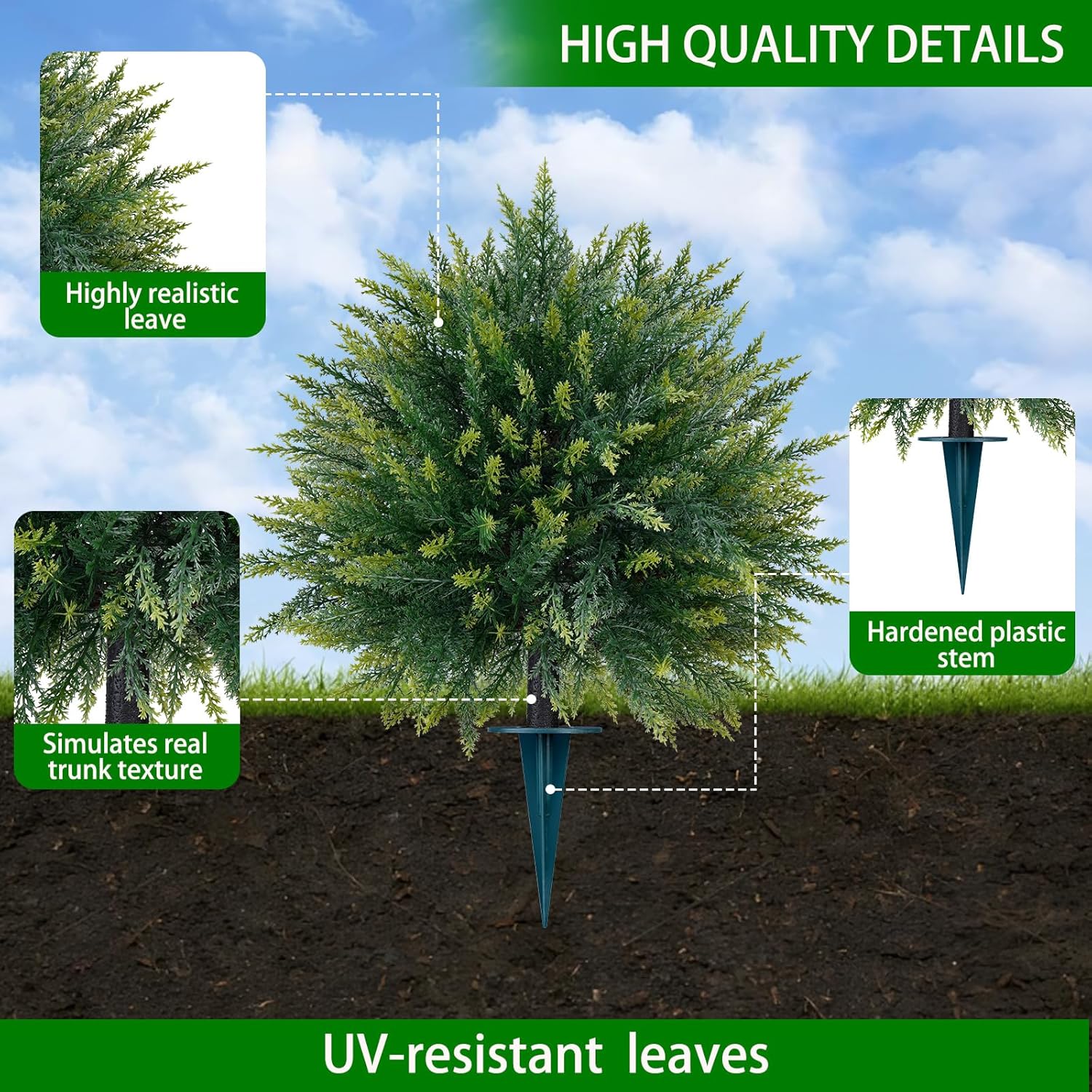 Yangrass 2PCS Artificial Cedar Topiary Ball Trees 23" for Outdoors with Ground Spike, UV Resistant Artificial Cypress Trees, Evergreen Shrubs Bushes Faux Plants for Front Porch Garden Backyard
