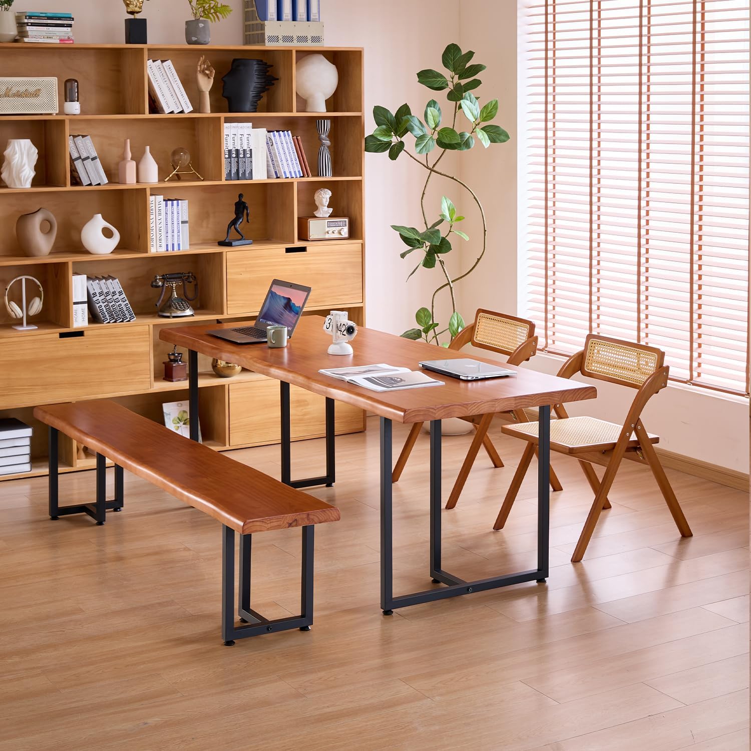 Durable Solid Wood Top Bench with Metal Triangular Legs – Stylish Long Dining Bench for Home, Office, Restaurant & Patio (Wooden Brown Bench, 55.12in)