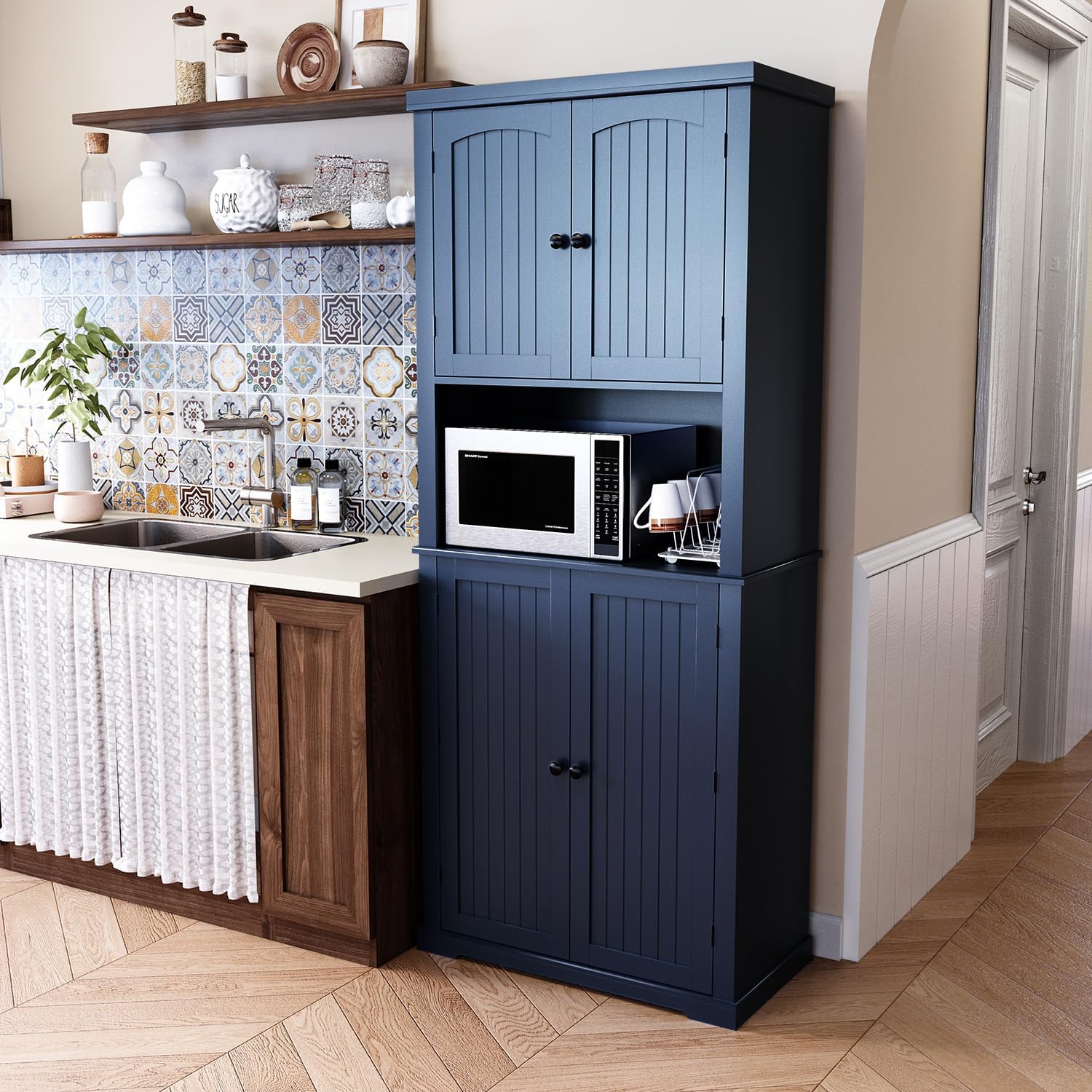 HLR 72" Kitchen Pantry Storage Cabinet with Open Countertop, Freestanding Larder Cupboard with Microwave Stand, Utility Laundry Room Storage Cabinet with Doors and Shelves for Dining Room, Living Room