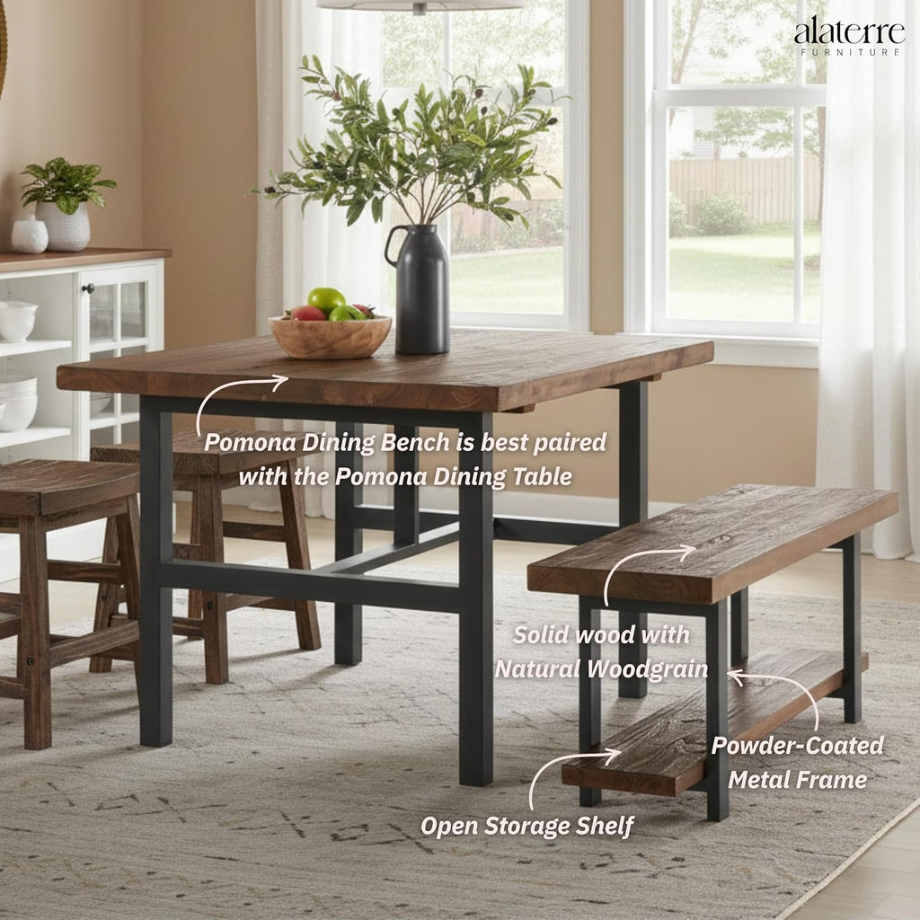 Alaterre Furniture Pomona Dining Bench - 48-Inch Modern Industrial Solid Wood Indoor Bench with Open Bottom Storage Shelf - Seating for Kitchen, Dining Room, and Living Room (Rustic Brown)