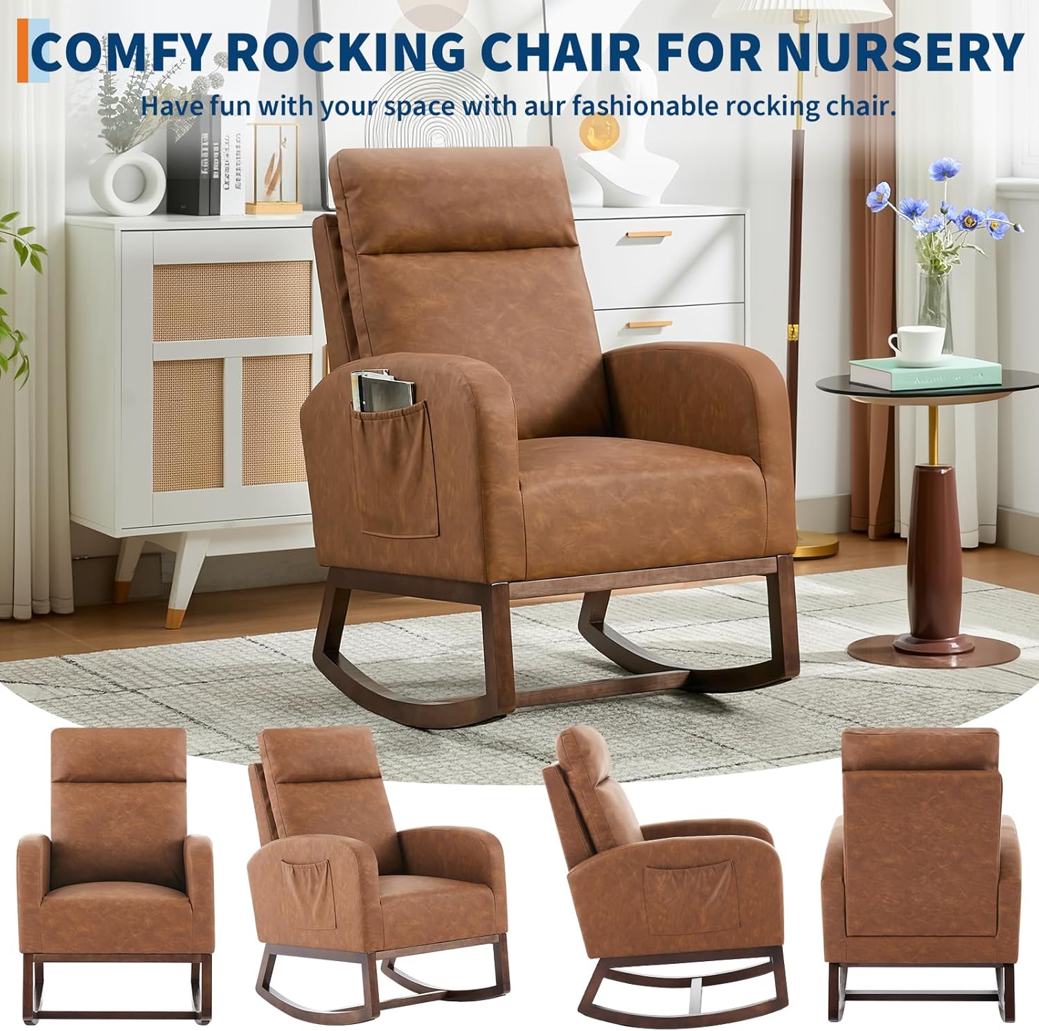 Nursery Rocking Chair with High Backrest and Side Pocket, Glider Accent Armchair with Rubber Wood Legs for Living Room, Bedroom, or Nursery, PU Vintage Brown