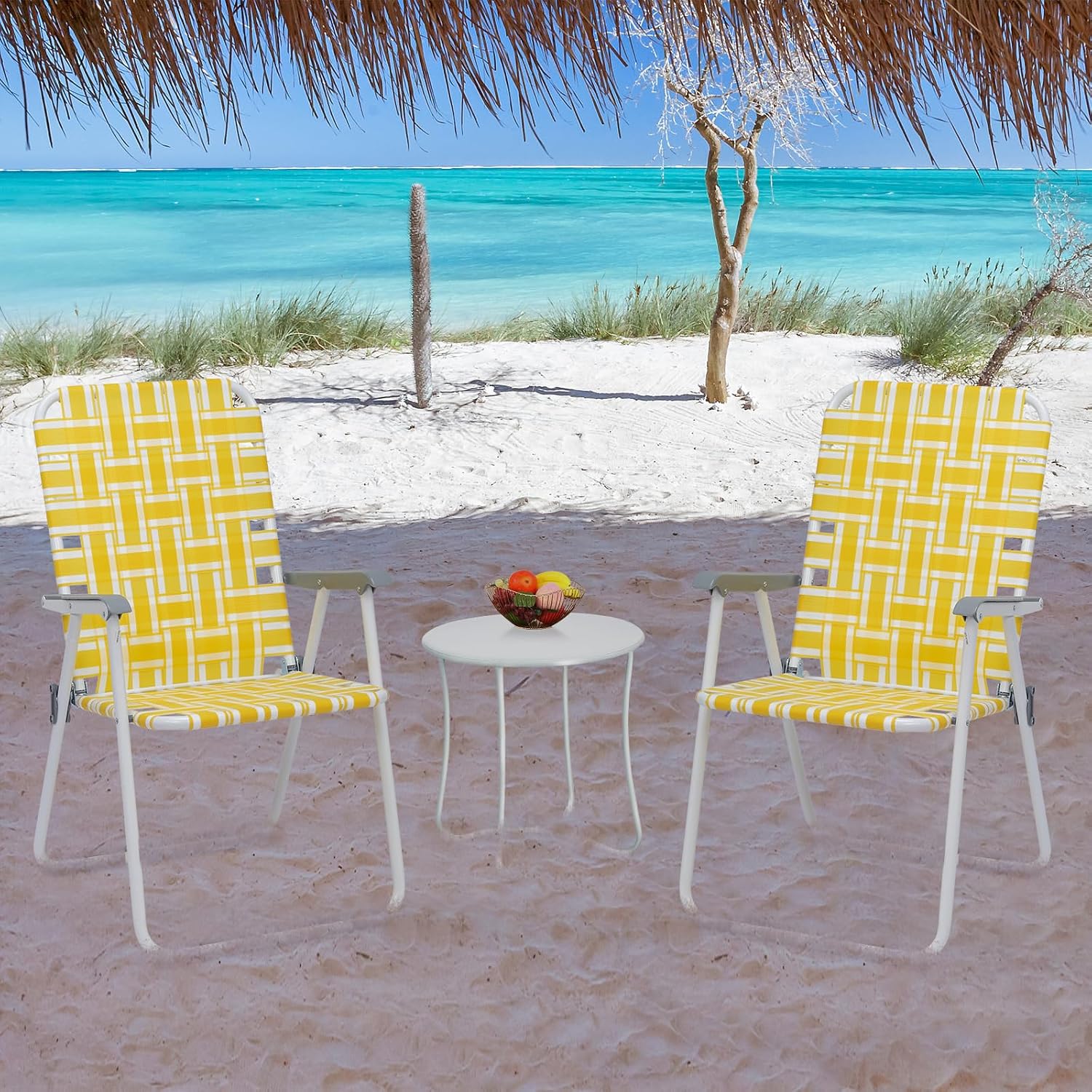 Vasitelan Patio Lawn Chairs Folding Chairs Set of 2, Webbed Folding Chair Outdoor Beach Chair Portable Camping Chair for Yard, Garden (Yellow & White)