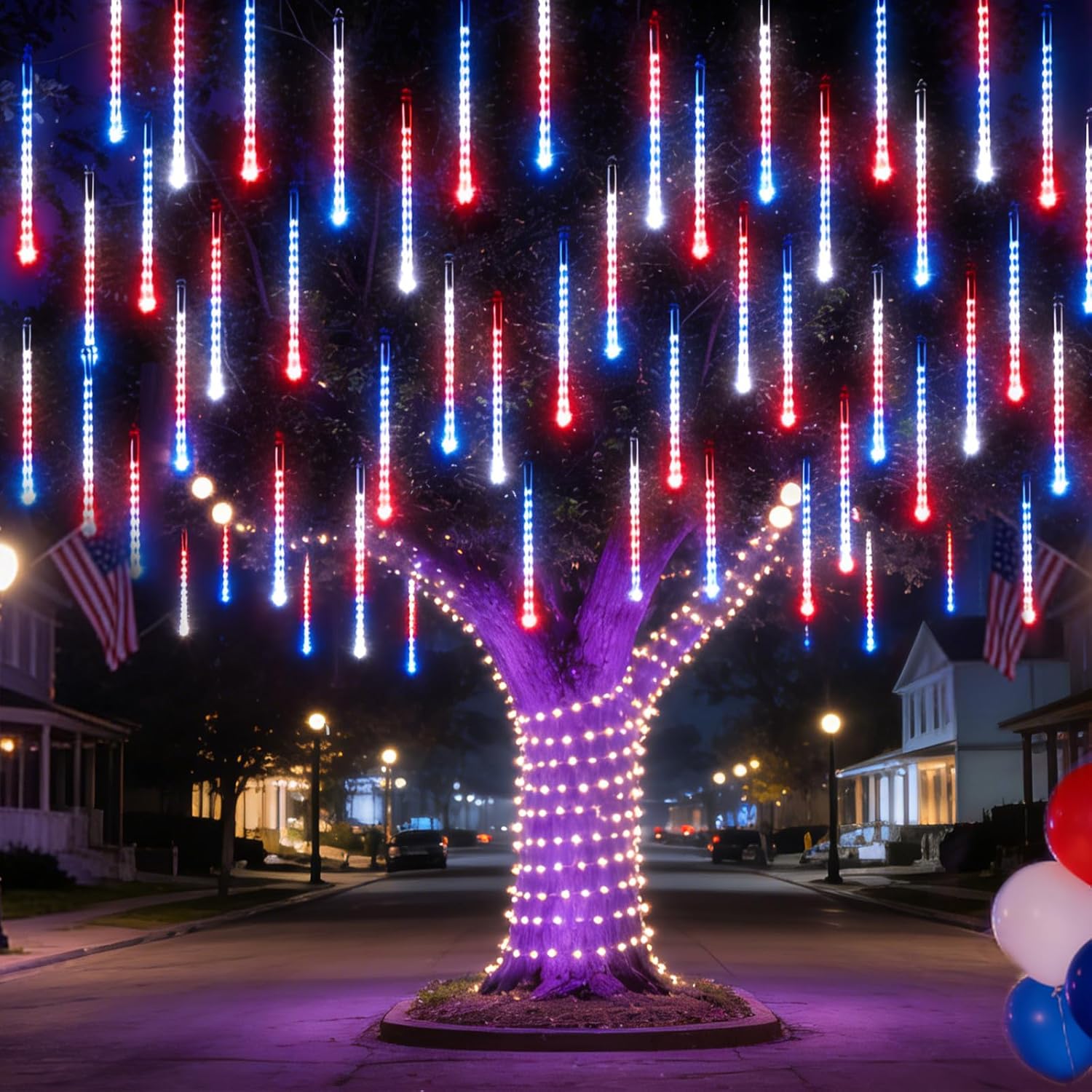 10 Set 12" 240 LED Meteor Lights with Built-in Connectors – Red, Blue, White for Nation Day