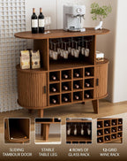 35.4" Oval Wine Bar Cabinet with 12 Racks 4 Glass Holders, Small Coffee Bar Cabinet with Sliding Tambour Door for Home, Kitchen, Living Room, Walnut