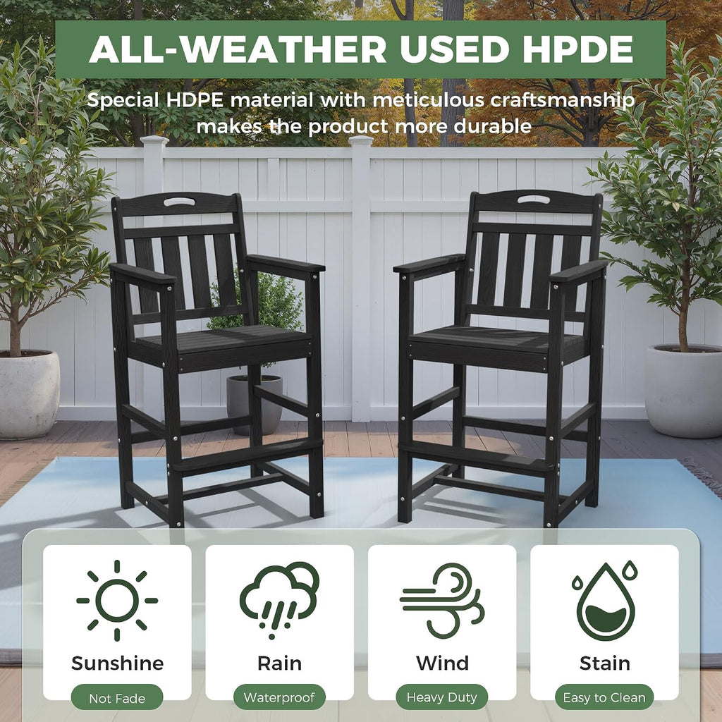 Outdoor Patio Tall Adirondack Bar Chairs Set of 2, All-Weather HDPE Bar Height Adirondack Stools for Balcony, Bistro, Garden, Backyard, Pool, Deck | Black