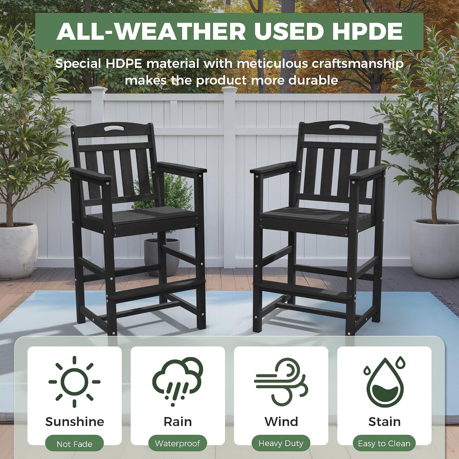 Outdoor Patio Tall Adirondack Bar Chairs Set of 2, All-Weather HDPE Bar Height Adirondack Stools for Balcony, Bistro, Garden, Backyard, Pool, Deck | Black