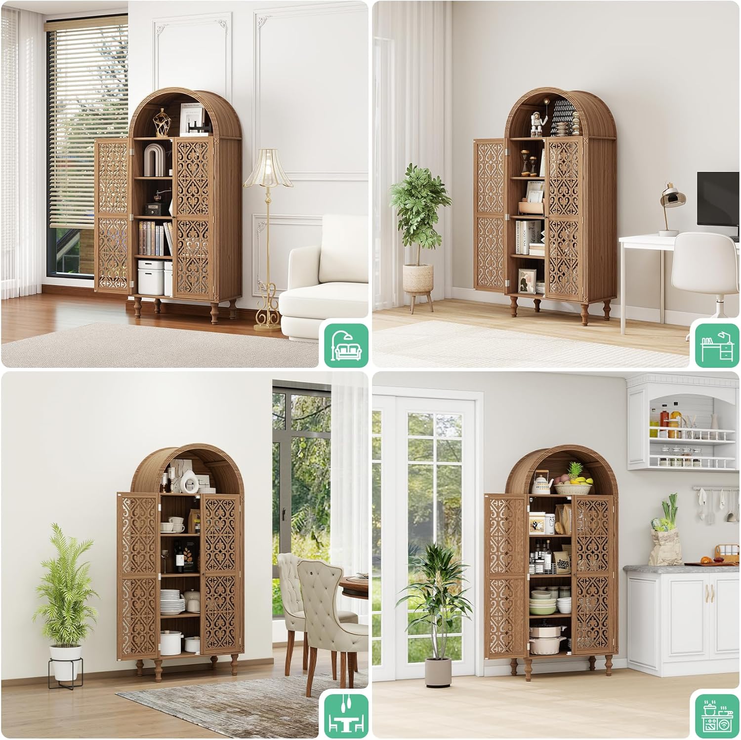 Arched Kitchen Pantry Cabinet,71" Tall Mid-Century Modern Arched Bookcase Vintage Storage Cabinet with Geometric Door and Adjustable Shelves,Bohemian Cupboard for Living Room,Dining Room