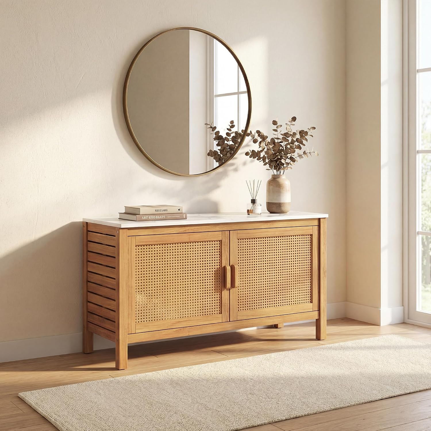 Giantex Acacia Wood Outdoor Cabinet, Storage Cabinet w/Faux Marble Top, Rattan Doors, Interior Shelves & Compartment, Buffet Cabinet, Functional Potting Table for Garden, Patio, Backyard