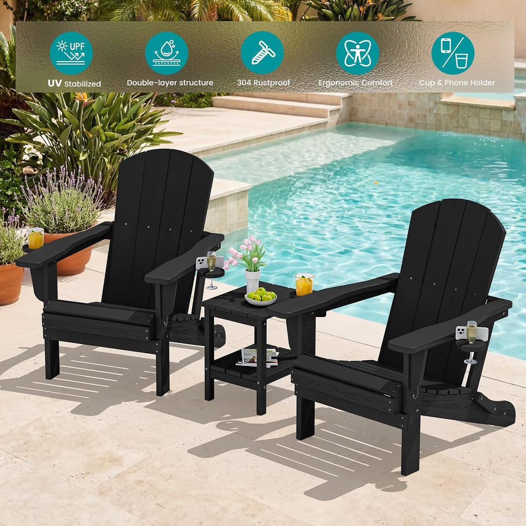 SERWALL Folding Adirondack Chairs with Dual Cup Holder, HDPE Adirondack Chairs Set of 4, Plastic Outdoor Chairs,Black