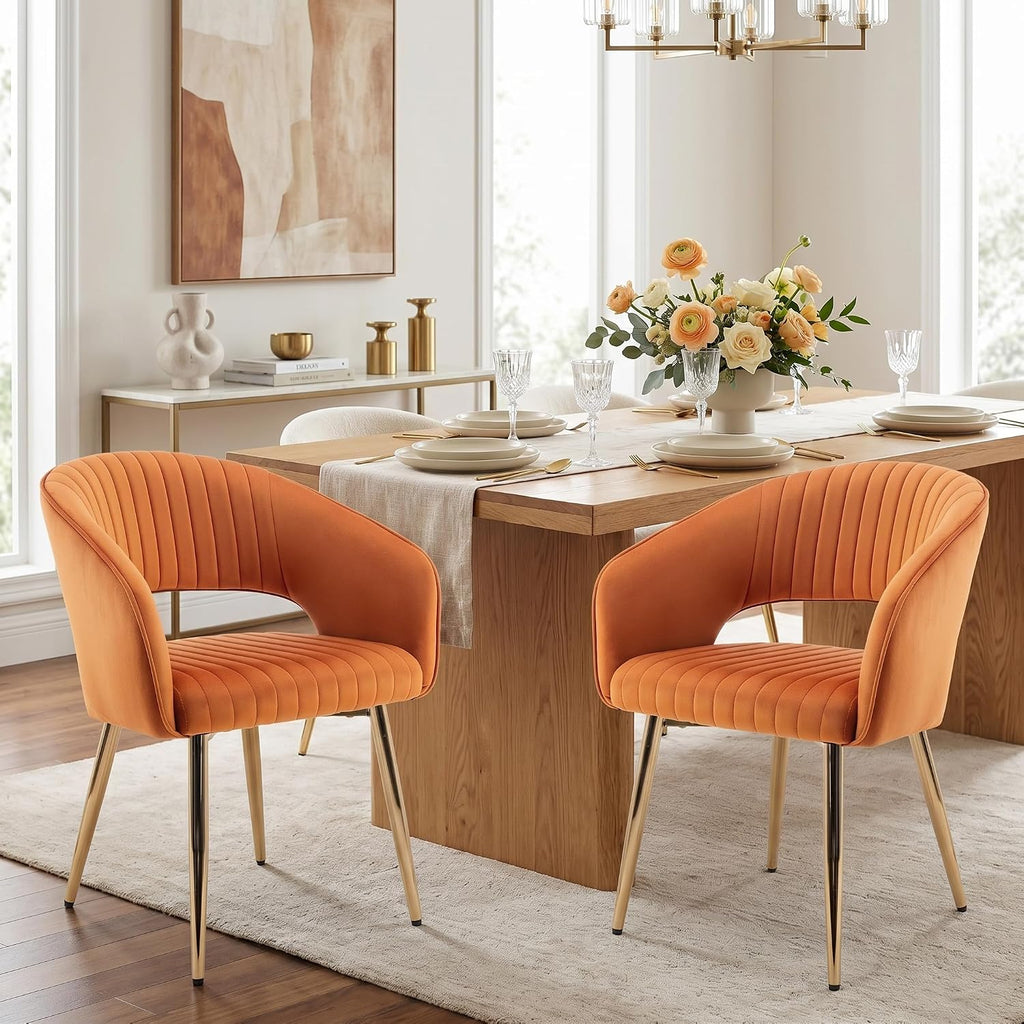 Orange Velvet Dining Chairs Gold Legs, Modern Dining Room Chairs with Arms Set of 6 Upholstered Accent Chair Armchair with Barrel Back for Kitchen Living Room