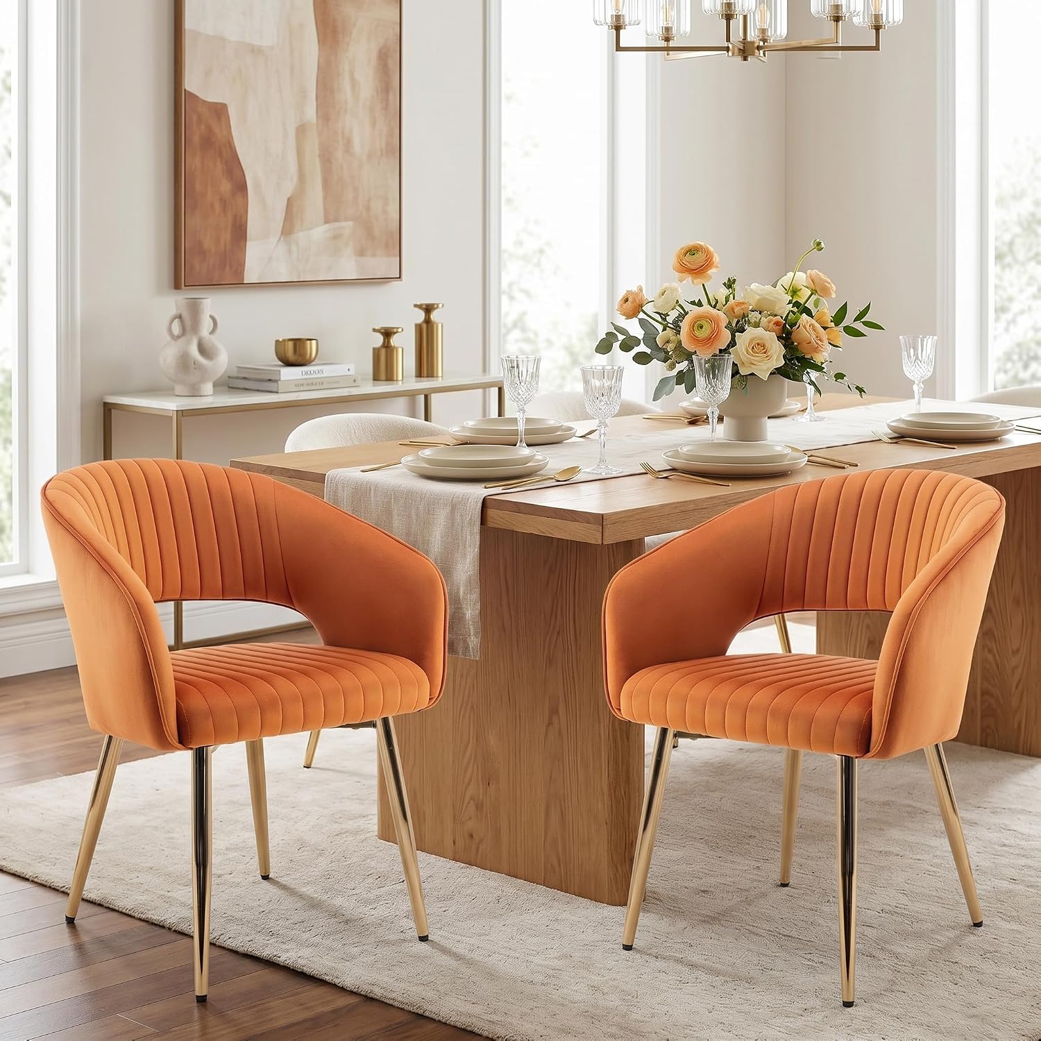 Orange Velvet Dining Chairs Gold Legs, Modern Dining Room Chairs with Arms Set of 6 Upholstered Accent Chair Armchair with Barrel Back for Kitchen Living Room