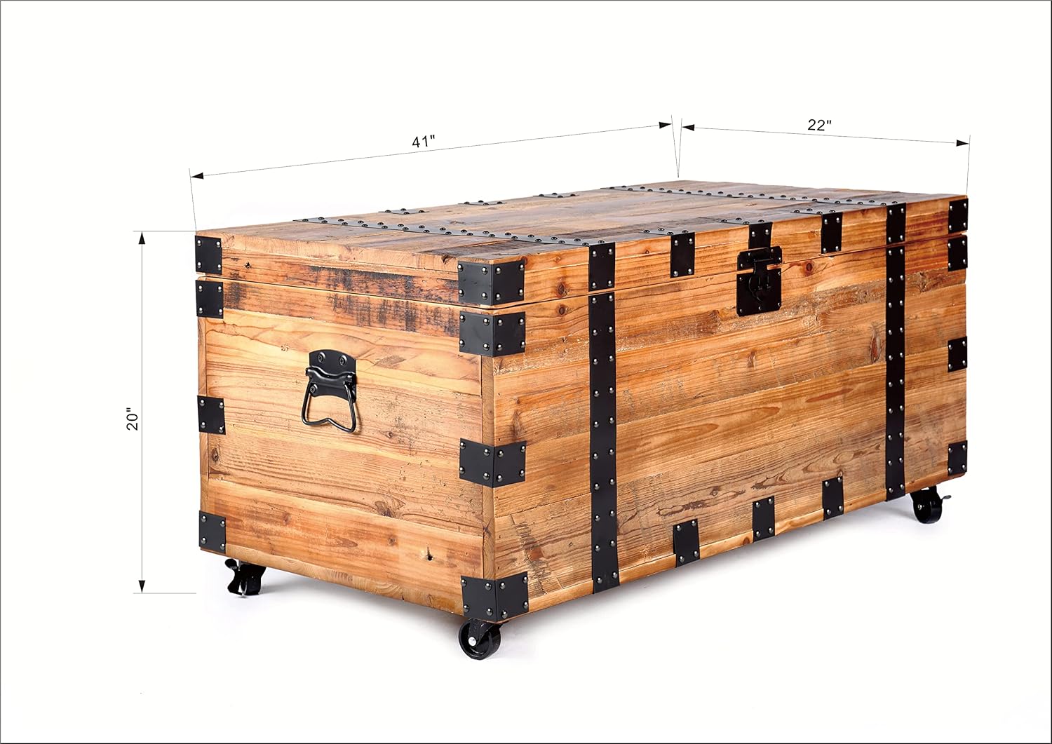 NewCosmos Vintage Reclaimed Fir Wood Storage Trunk – Rustic Charm with Black Metal Accents – No Assembly Required, Optional Wheels Included